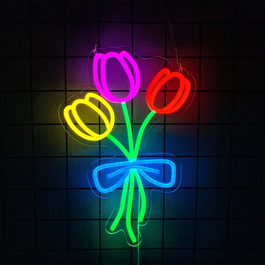 LED Neon Sign Flower Wall Light Home Bedroom Decor Gift